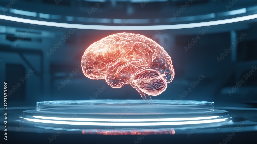 Poster futuristic abstract glowing brain in holographic space technology visualization clean environment in