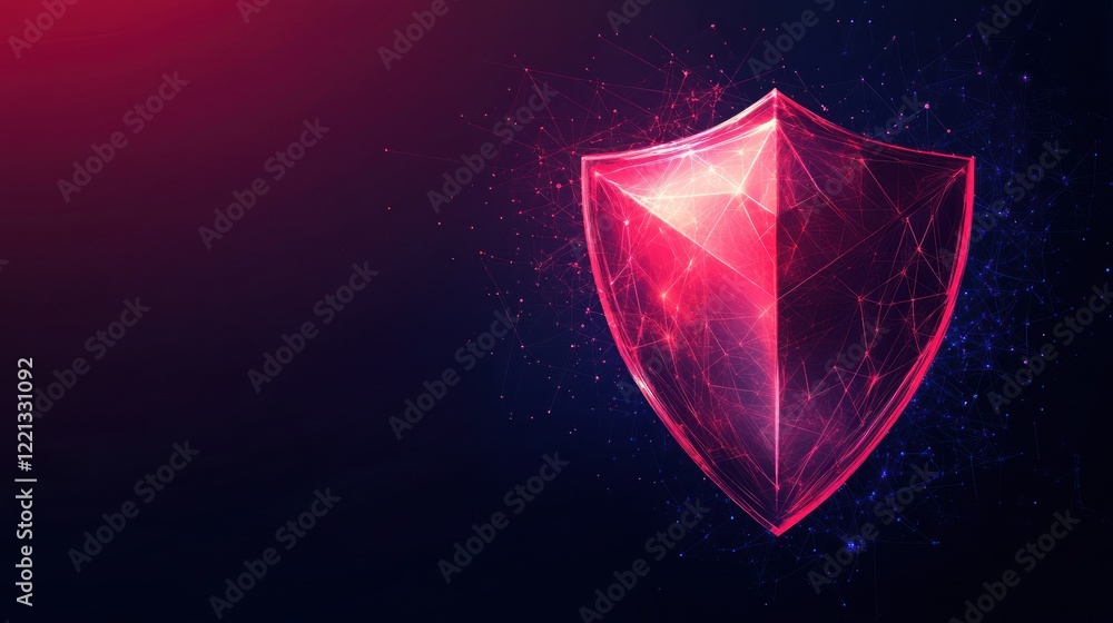 Poster a glowing shield design featuring geometric patterns and vibrant colors in a dark setting