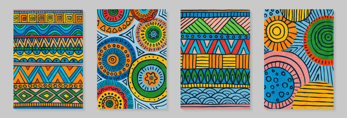 Poster ethnic African tribal ornaments. Abstract background design templates with ancient tribe geometric drawn elements, patterns, shapes. Design wall decoration, postcards, poster or brochure