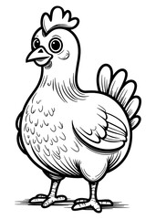 hen outline illustration, isolated on white background, top view.Farm Chicken Art.Minimalist Chicken Outline Design Illustration.