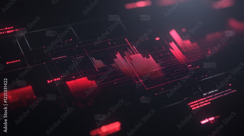 Poster bright red and black bars display data analytics trends in a dark, high tech setting