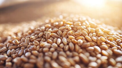 Obraz premium Wheat grains glisten under sunlight, showcasing their rich texture on a rustic surface