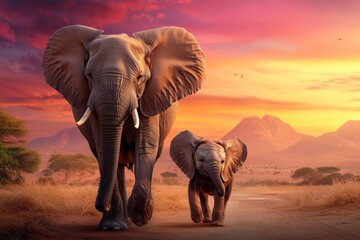 Fototapeta premium A Baby Elephant Joyfully Walking Close to Its Mother in a Beautiful Lush Landscape at Sunset with Majestic Mountains in the Background