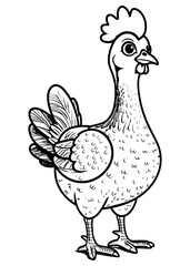 hen outline illustration, isolated on white background, top view.Farm Chicken Art.Minimalist Chicken Outline Design Illustration.