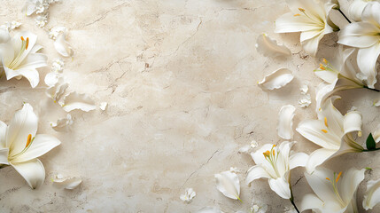 Elegant white lilies and petals arranged on a beige marble background. Perfect for sympathy cards or peaceful imagery.