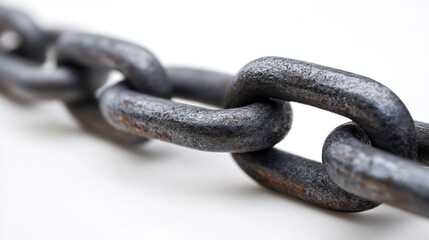 Fototapeta premium Close up view of dark metal chain links showing strength and interconnections on a light background
