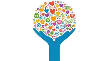 Vibrant hands support a globe filled with hearts and flowers, representing love and connection