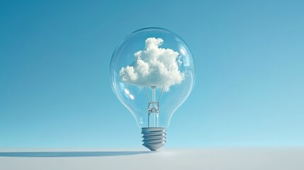 A light bulb sits on a smooth surface, featuring a cloud inside it against a vibrant sky