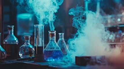 Chemistry lab with colorful liquids and smoke effects