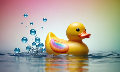 Colorful rubber duck floating in water with splashes and bubbles during a bright atmosphere