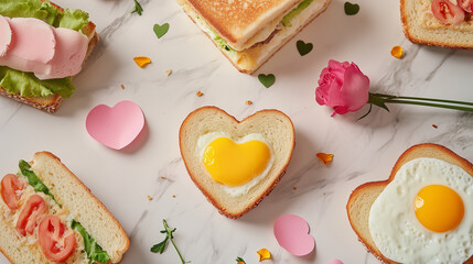 Tasty sandwiches with heart shaped fried eggs for romantic breakfast on white marble table, flat lay