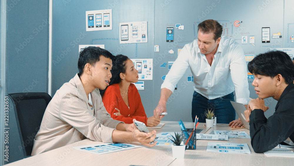 Poster group of professional business people discuss about using ux and ui design. cooperative diverse busi