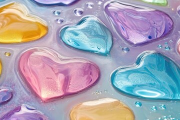 A vibrant tray of jelly hearts glistens with water droplets, perfect for sharing love on Valentine's Day.