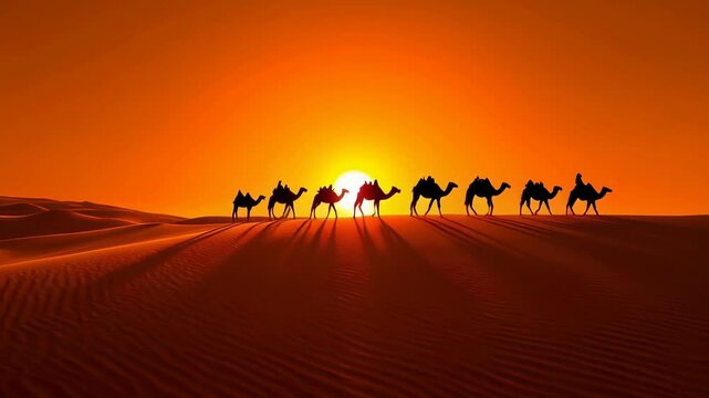 A caravan travelling in Sahara desert. Sand dunes, sunset landscape, camels walking in sandy hills.  Cinematic video animation