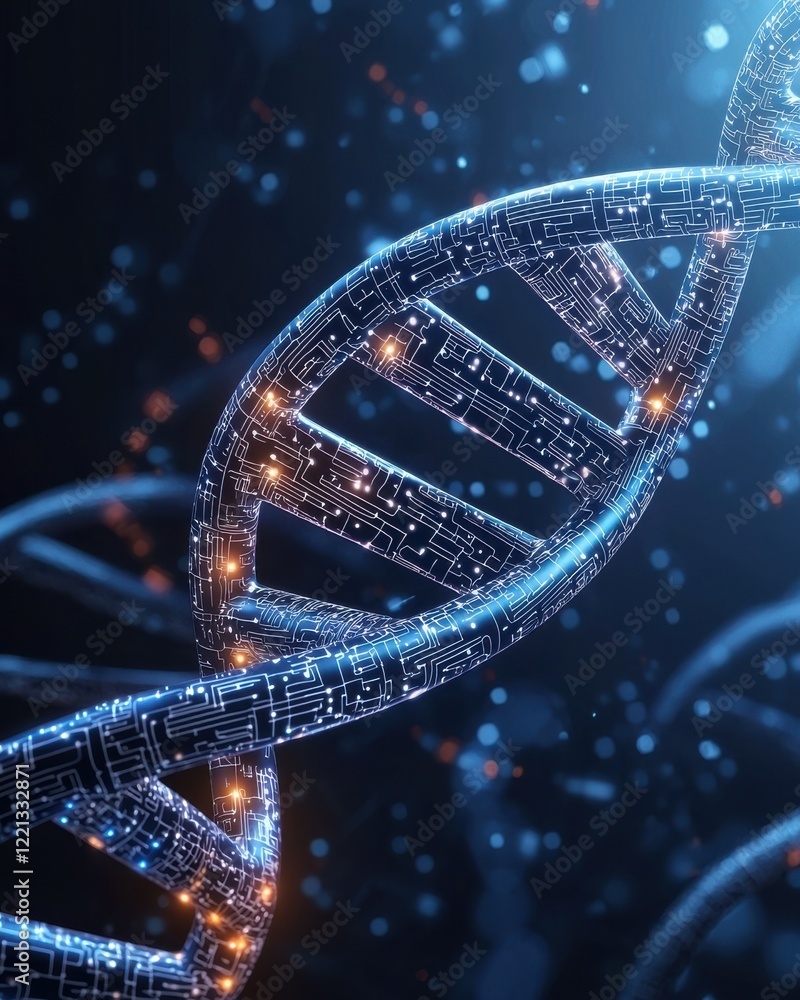 Poster intertwining dna strands with digital circuit patterns futuristic innovation visualization abstract 