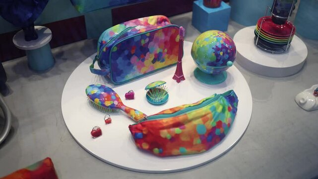 A colorful display in a toy store showcasing playful accessories, including a vibrant bag, brush, globe, and small trinkets. The bright and cheerful designs spark imagination and joy for kids and coll