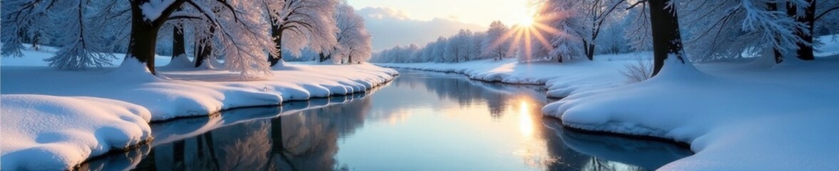Fototapeta premium Glanzender Wassertropfen auf einer schneebedeckten Baumwand, peaceful landscape, winter landscape