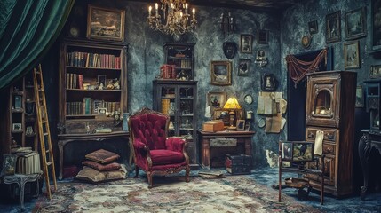 Obraz premium Vintage library with books and red armchair