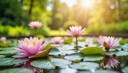 Blossoming water lily flowers on serene pond, World Water Day