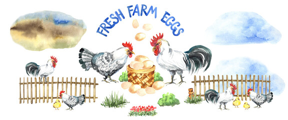 Happy chicken clipart. Farm Animals, Rooster, Hen, Bio Eggs, Coop, Chicks, Nest, Eco Village. Isolated elements. Stock illustration. Hand painted in watercolor.
