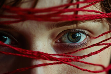 Close up of part of female face with light wrinkles and big green eyes, her head covered with red threads 
