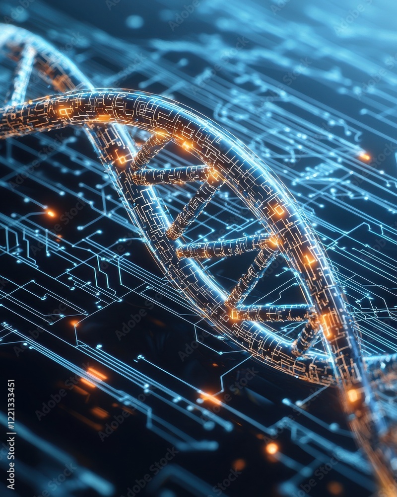 Poster intertwining dna strands and digital circuit patterns futuristic technology concept abstract science