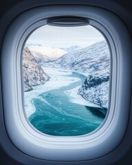 Airplane window view of serene fjord and steep cliffs breathtaking winter landscape aerial
