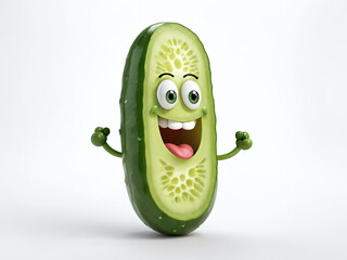Funny cartoon cucumber character with a big smile celebrating happily