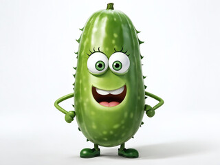 Cartoon character of a smiling green cucumber with eyes and cheerful expression standing confidently on a plain background