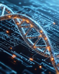 Intertwining dna strands and digital circuit patterns futuristic technology concept abstract science environment