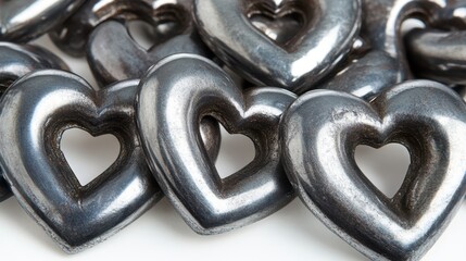 Heart-shaped metal beads scattered on a white surface, perfect for Valentine's Day crafts and decorations.