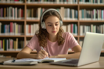 Creative thinking. Inspired teen girl student in headset look aside of notebook ponder on literary translation from foreign language podcast think on written answer on online test question. Copy space