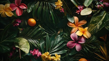 Tropical flowers and lush foliage close-up