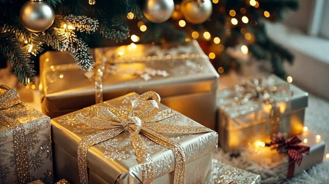 Golden christmas gift boxes under festive tree with twinkling lights and ornaments
