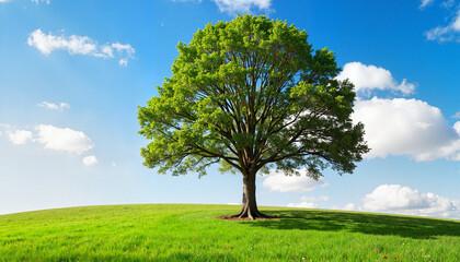 Fototapeta premium Majestic tree standing on green hill under blue sky, nature's beauty