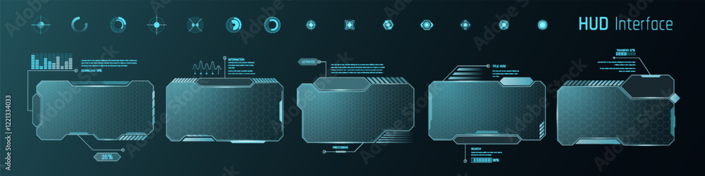 Aufkleber HUD frame. Tech screen interface. Game box infographic or window with text template. Hologram dashboard. Futuristic target or viewfinder. Interactive panel. Vector cyber elements set