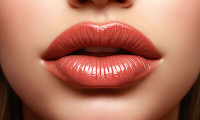 Fototapeta premium Close-up of perfectly shaped lips with a glossy finish in natural light revealing a warm, neutral tone