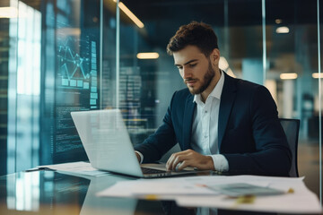 Serious thinking businessman doing paperwork inside office, man filling out paper tax forms, and signing documents and contracts. Successful financier investor preparing report. 