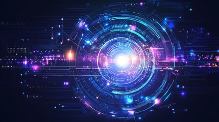 Vibrant blue and purple technology background with intricate circuit designs and glowing highlights