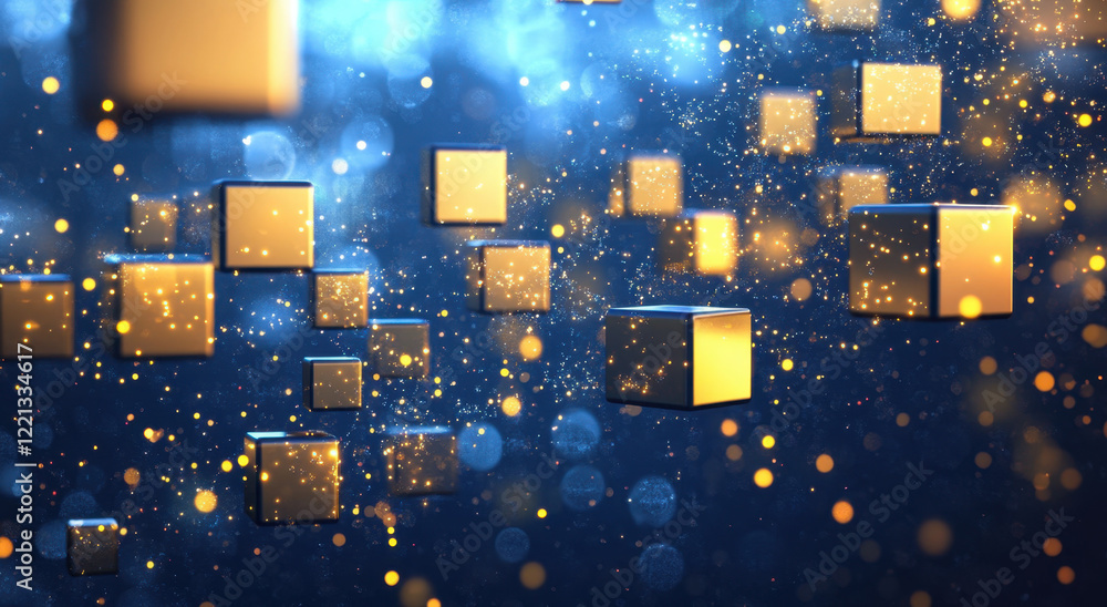 Poster cubes float in an abstract blue background filled with shimmering particles and glowing highlights