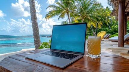 A serene beachside workspace featuring a laptop and refreshing drink, perfect for remote work or digital relaxation.