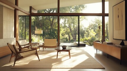 Fototapeta premium Serene Modern Living Room with Expansive Views