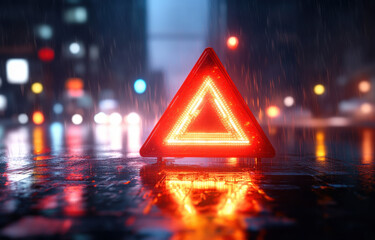 Emergency lights icon visible during a rainy night on a city street with blurred traffic background
