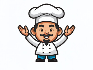 Chef character with welcoming gesture in cartoon style showcasing culinary passion and creativity in the kitchen