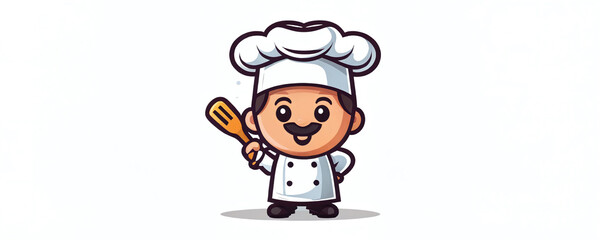 Cheerful cartoon chef waving with a spatula in a bright culinary scene