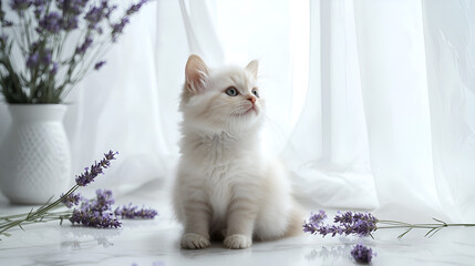 Adorable fluffy kitten surrounded by lavender, sitting on a marble surface near a window.