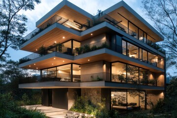 Fototapeta premium A modern headquarters with layered balconies, natural textures, and soft ambient exterior lighting