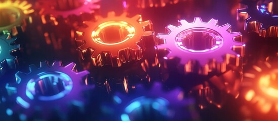 Glowing Mechanical Gears and Cogs in Vibrant Neon Abstract Design with Futuristic and Technological Concept