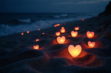 Glowing hearts on the sandy beach at night