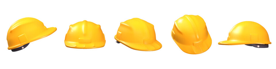 Fototapeta premium Safety helmet. Yellow worker protection. Site work uniform. Engineer hardhat. Builder plastic equipment for construction industry. Professional headwear. Vector isolated objects set